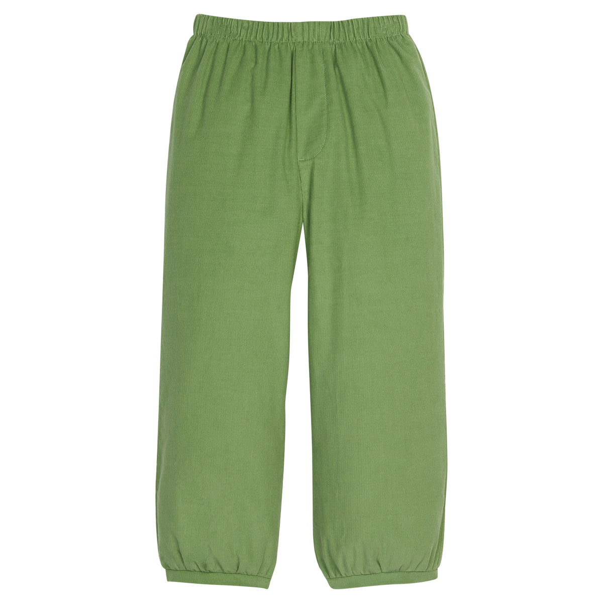 Front of banded pant in watercress corduroy with elastic pull-on waistband and elastic ankle cuffs on white background