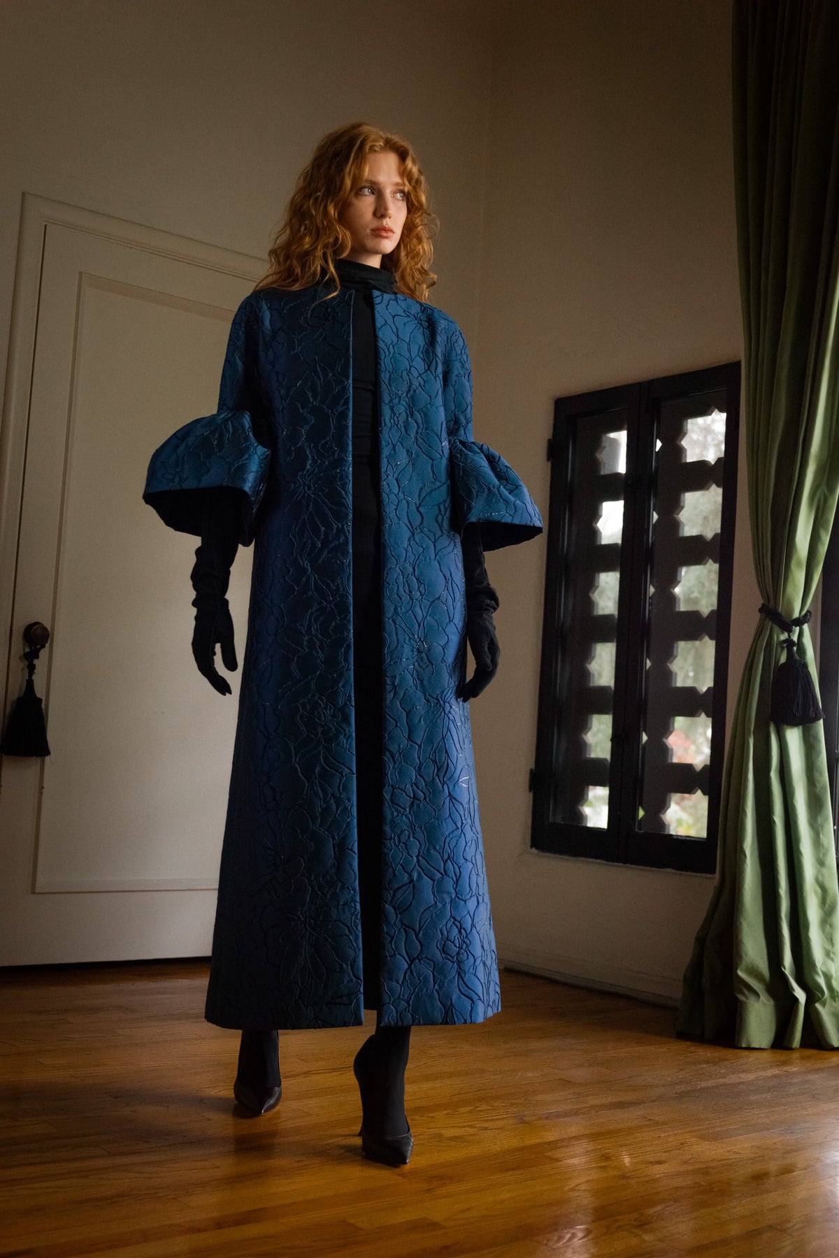 Ruffle Sleeve Opera Coat in Slate Blue