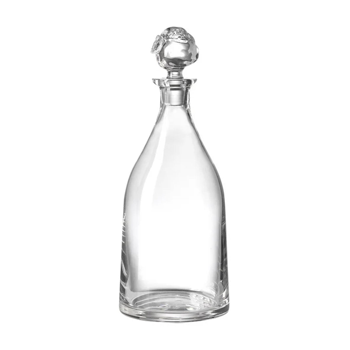 Front view of Baronetto Decanter showcasing mouth-blown crystal and a round stopper against a white background