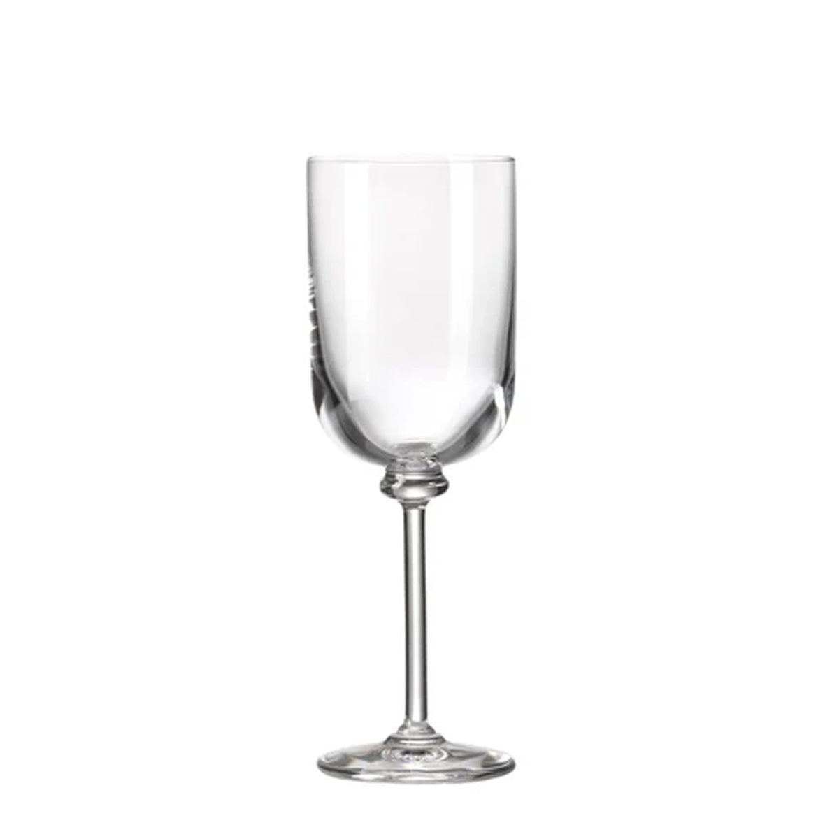 Front view of Baronetto Water Goblets, Set of 2 showcasing clear mouth-blown crystal and a stemmed design on white