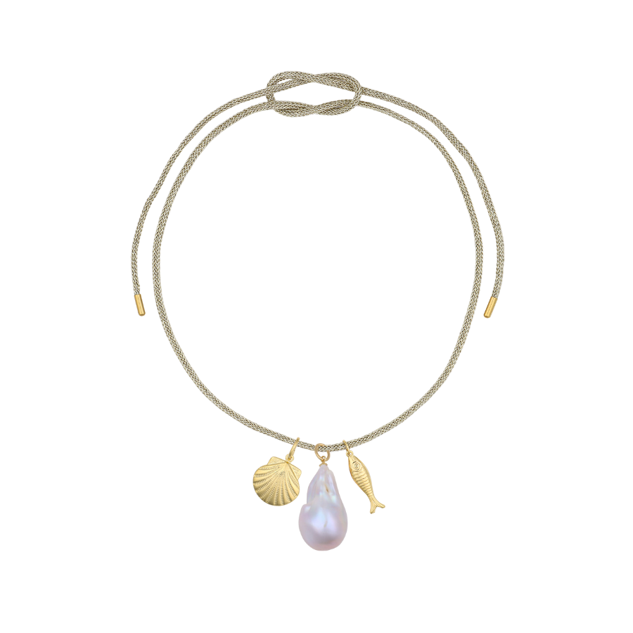 OTM Exclusive: Lurex Cord Necklace With Gold Scallop, Baroque Pearl, Gold Fish Charms