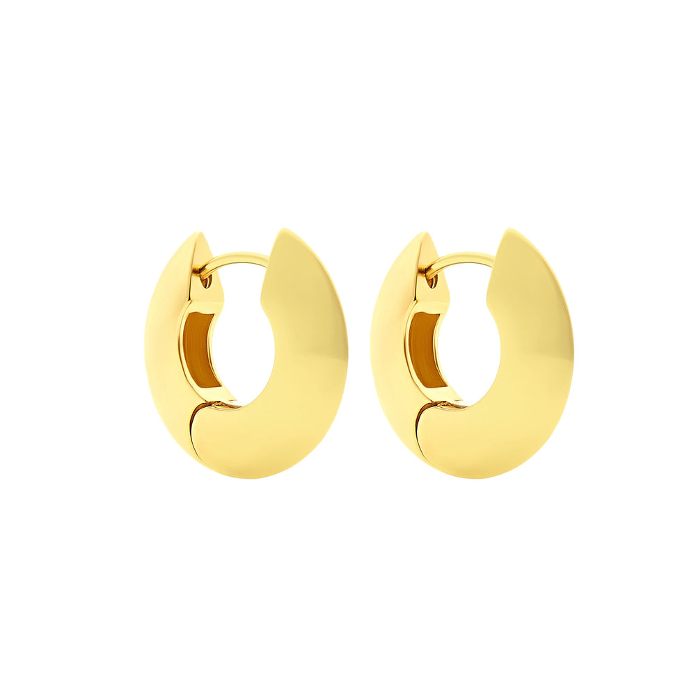 Front view of Barrel Hoops showcasing beveled-edge 24K antique gold-plated click hoops with white background