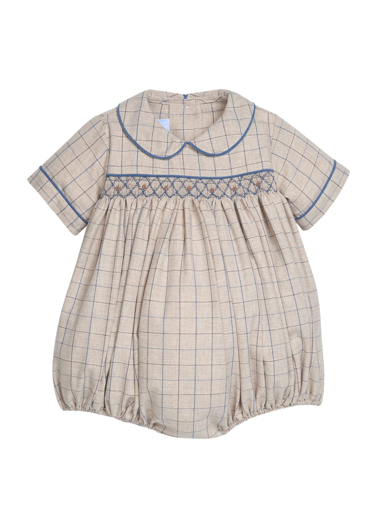 Little English classic children's clothing.  Smocked peter pan bubble in tan and blue Durham windowpane with blue piping for baby boys