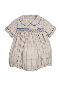 Little English classic children's clothing.  Smocked peter pan bubble in tan and blue Durham windowpane with blue piping for baby boys