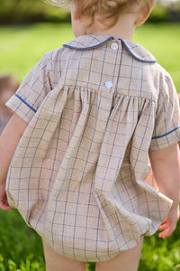 Little English classic children's clothing.  Smocked peter pan bubble in tan and blue Durham windowpane with blue piping for baby boys