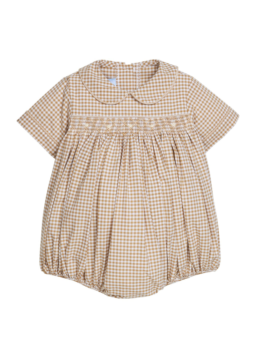 Little English classic children's clothing.  Smocked peter pan bubble in tan and white Khaki Gingham with tonal piping for baby boys