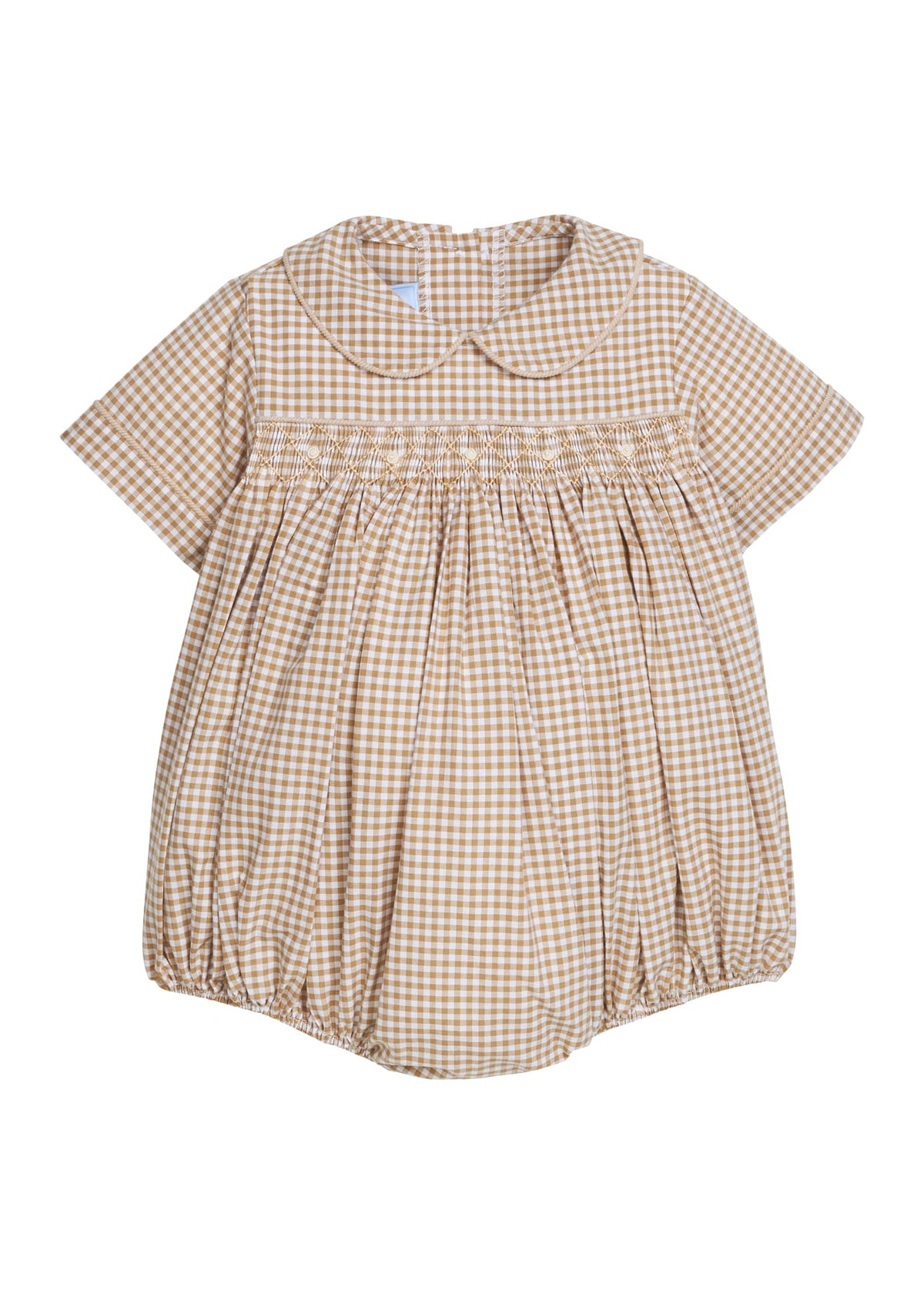 Little English classic children's clothing.  Smocked peter pan bubble in tan and white Khaki Gingham with tonal piping for baby boys