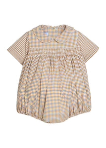 Little English classic children's clothing.  Smocked peter pan bubble in tan and white Khaki Gingham with tonal piping for baby boys