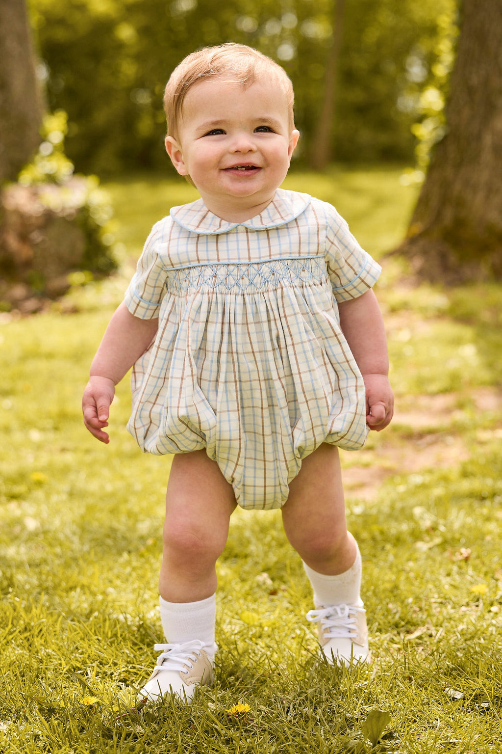 little english classic children's clothing cream, brown, and light blue plaid for boys for fall 