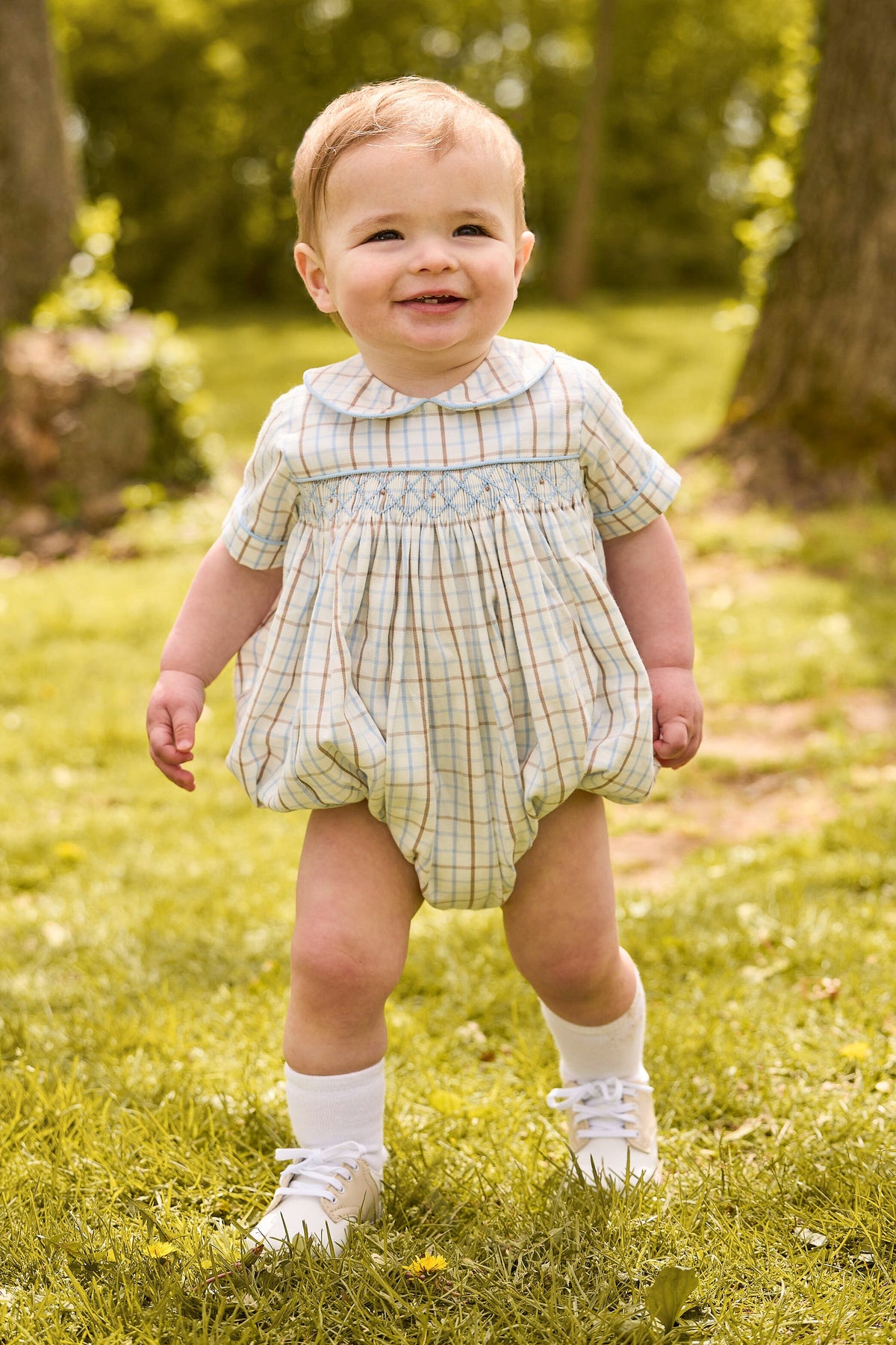 little english classic children's clothing cream, brown, and light blue plaid for boys for fall 