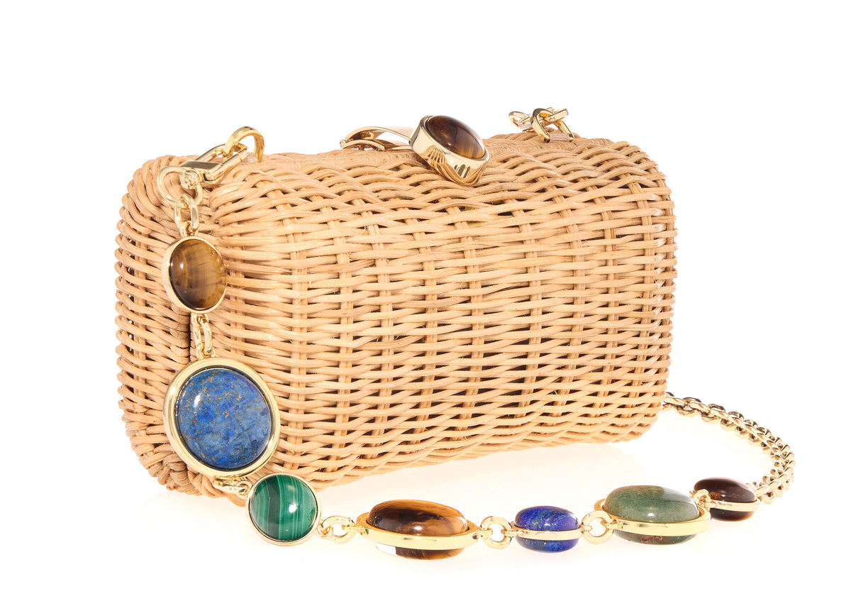 Close-up view of Poppy Basket Semi Precious Stone Clutch showcasing woven basket, semi precious stones and chain on white background