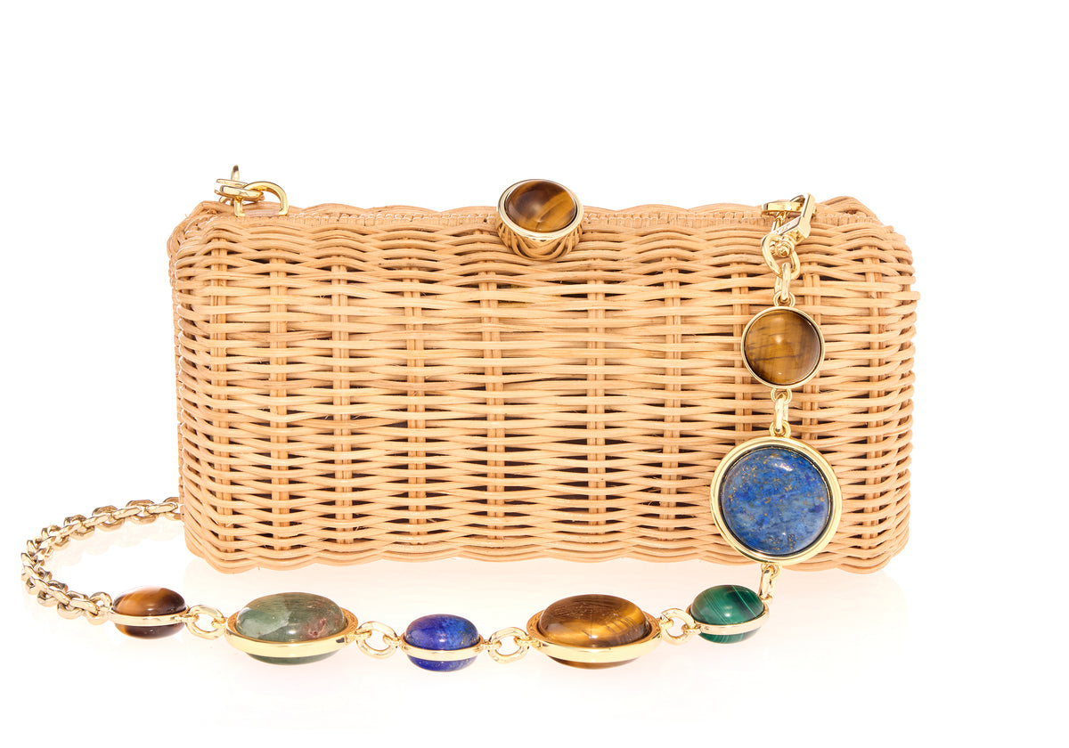 Front view of Poppy Basket Semi Precious Stone Clutch showcasing woven natural basket, semi precious stones, and chain strap