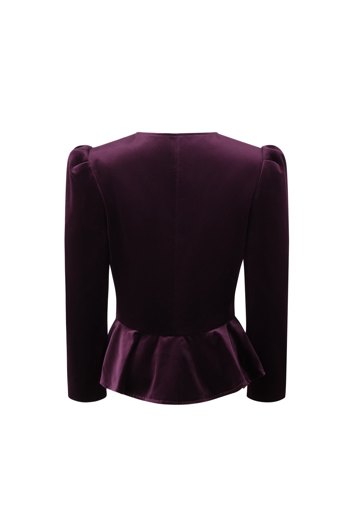Back view of Beatrice Amour in Plum jacket showcasing tailored silhouette and flared hem with white background