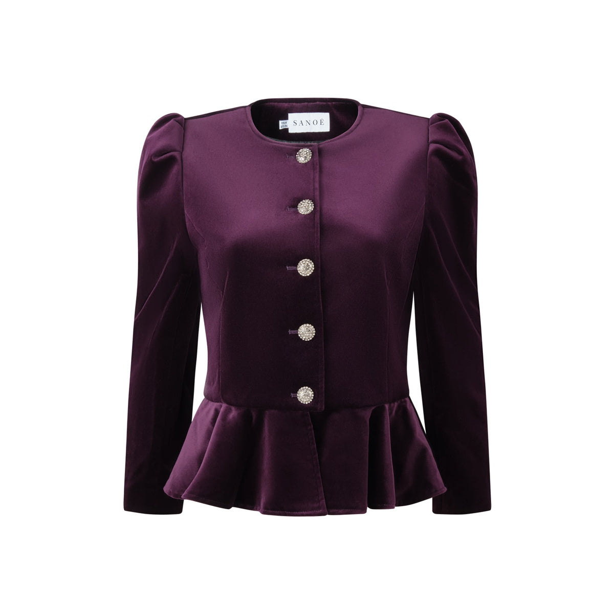 Front view of Beatrice Amour jacket showcasing plum cotton velvet, flared hem, and silver floral buttons on white background