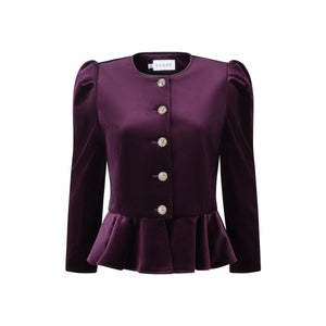 Front view of Beatrice Amour jacket showcasing plum cotton velvet, flared hem, and silver floral buttons on white background