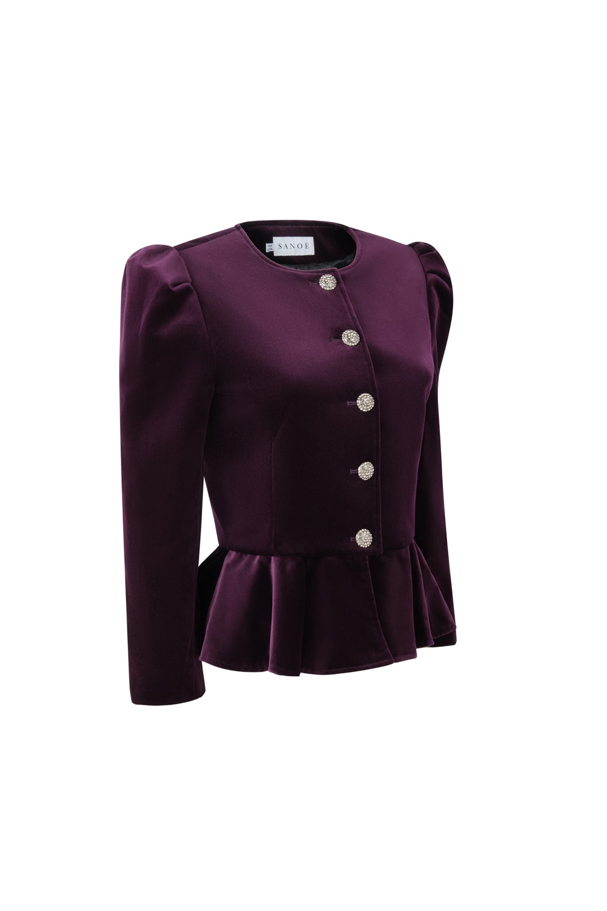 Three-quarter view of Beatrice Amour in Plum showcasing floral silver button-down front and flared hem on a white background