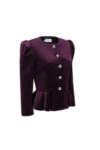 Three-quarter view of Beatrice Amour in Plum showcasing floral silver button-down front and flared hem on a white background