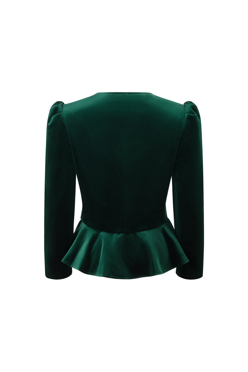 Back view of Beatrice Foret in forest green showcasing its tailored silhouette and flared hem against a white background
