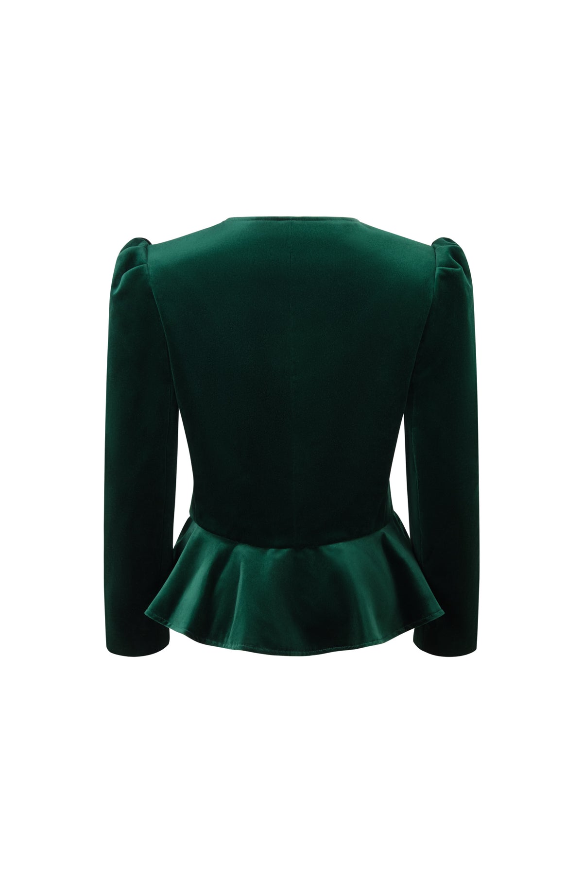Back view of Beatrice Foret in forest green showcasing its tailored silhouette and flared hem against a white background