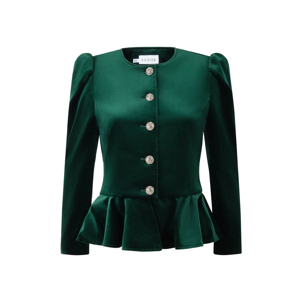 Front view of the green Beatrice Foret jacket showcasing 100% cotton velvet, silver buttons, and flared hem on white background