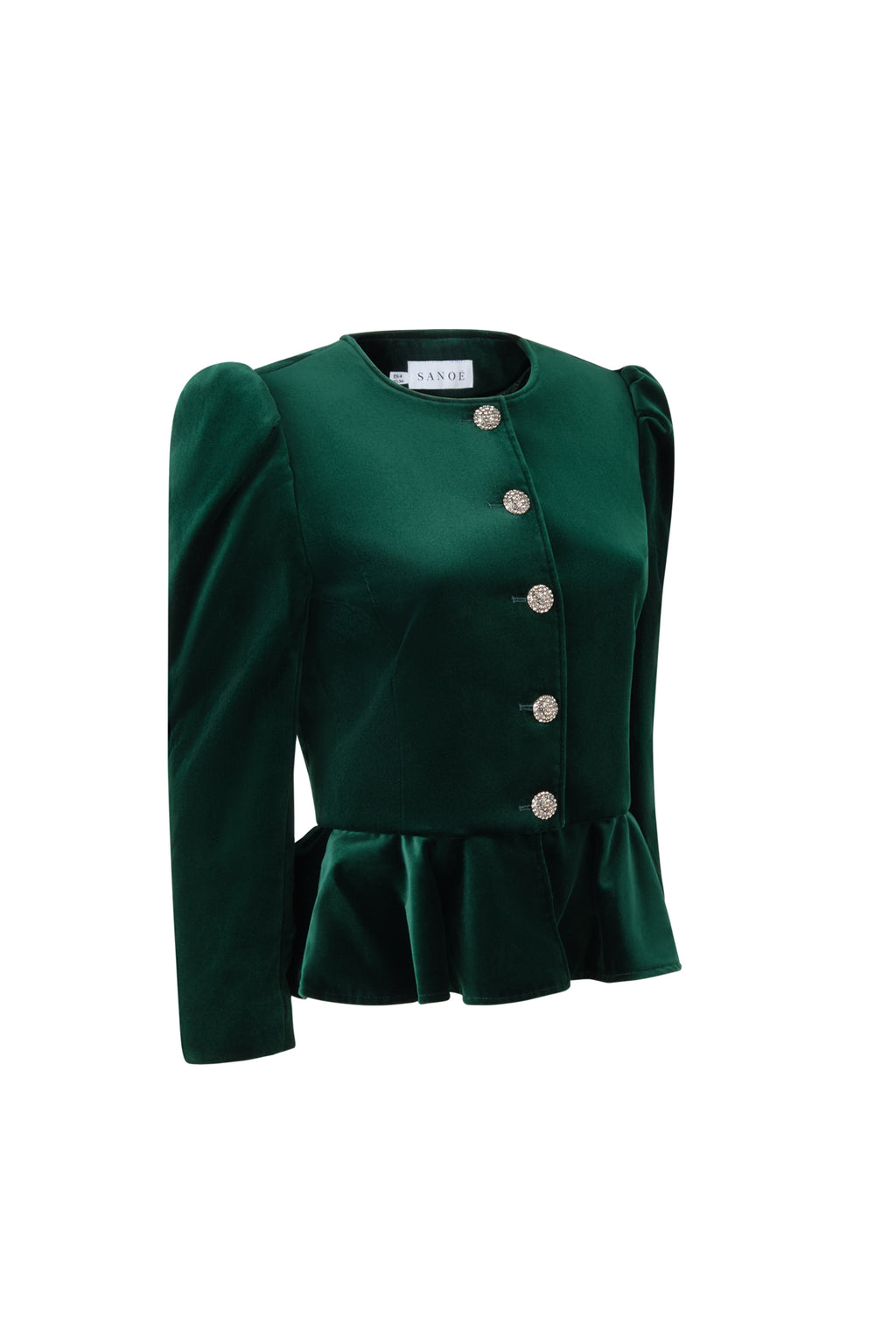 Three-quarter view of Beatrice Foret in green velvet showcasing silver floral buttons and a flared hem on white background