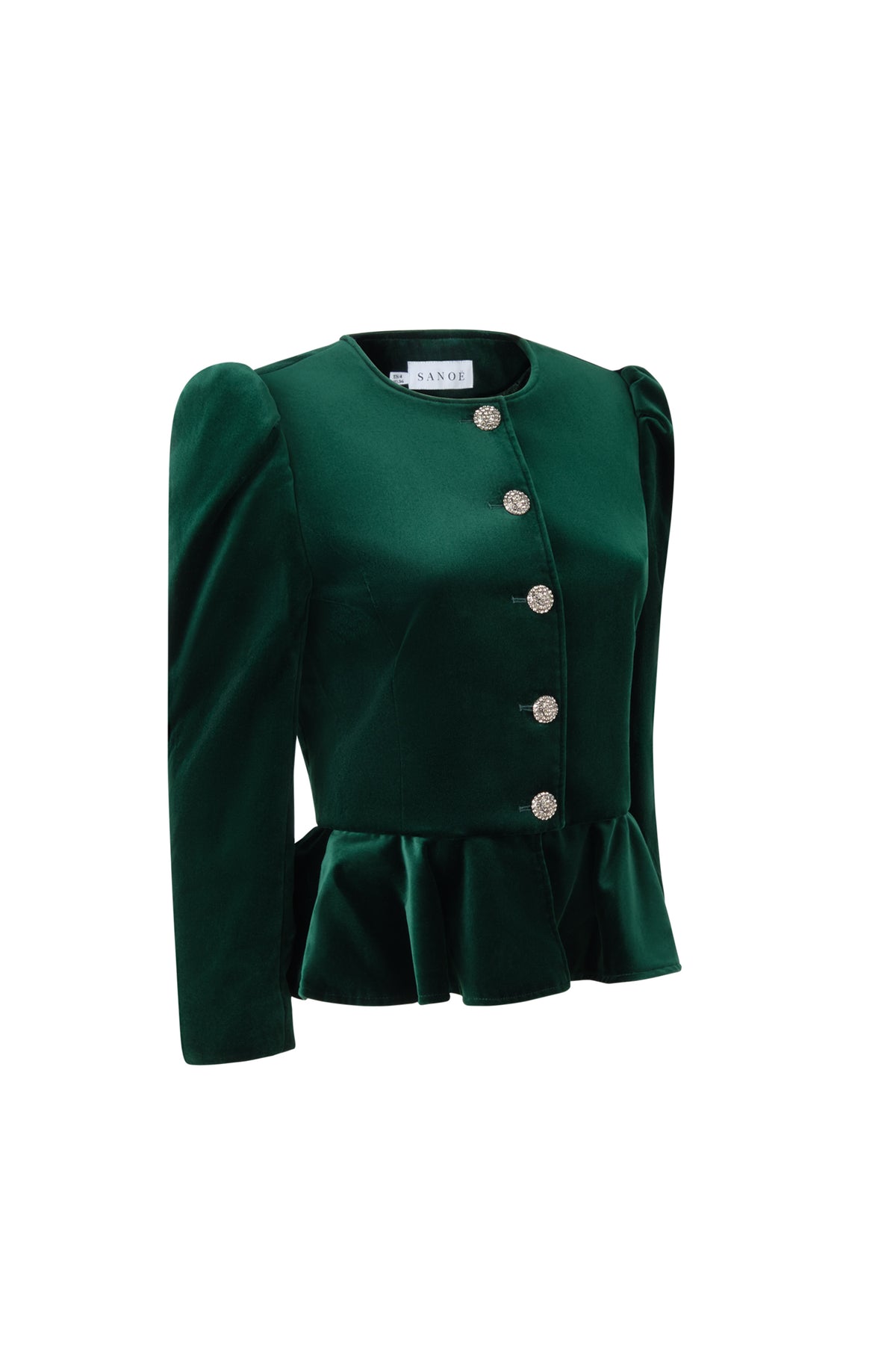 Three-quarter view of Beatrice Foret in green velvet showcasing silver floral buttons and a flared hem on white background