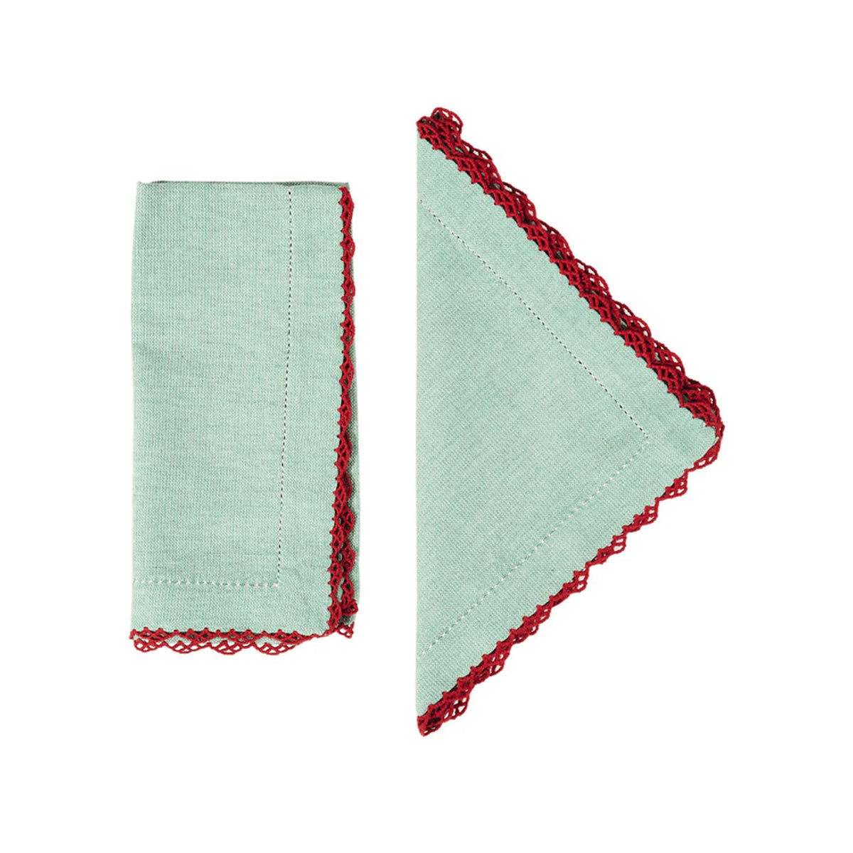 Front view of two Beatrice mint cotton napkins showcasing red scalloped embroidery borders with a white background