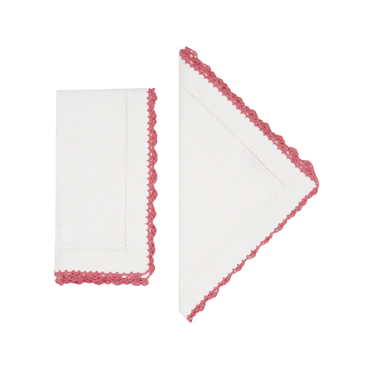 Angled view of Beatrice napkins in white and pink, set of 2 showcasing red scalloped embroidery border with a white background
