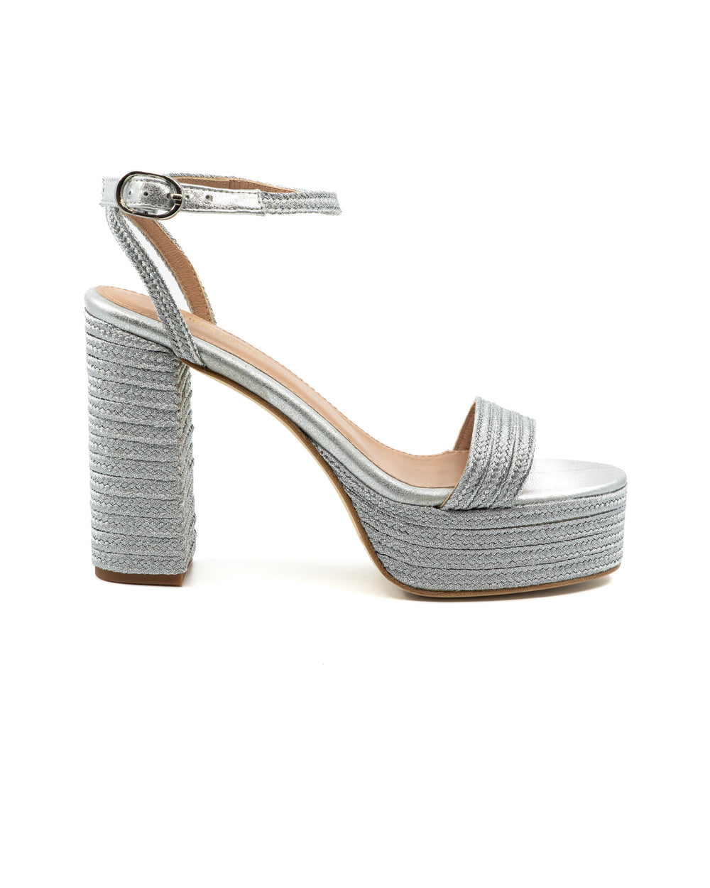 Side view of Becka Raffia platform sandal showcasing silver raffia upper, buckled ankle strap and block heel on white background