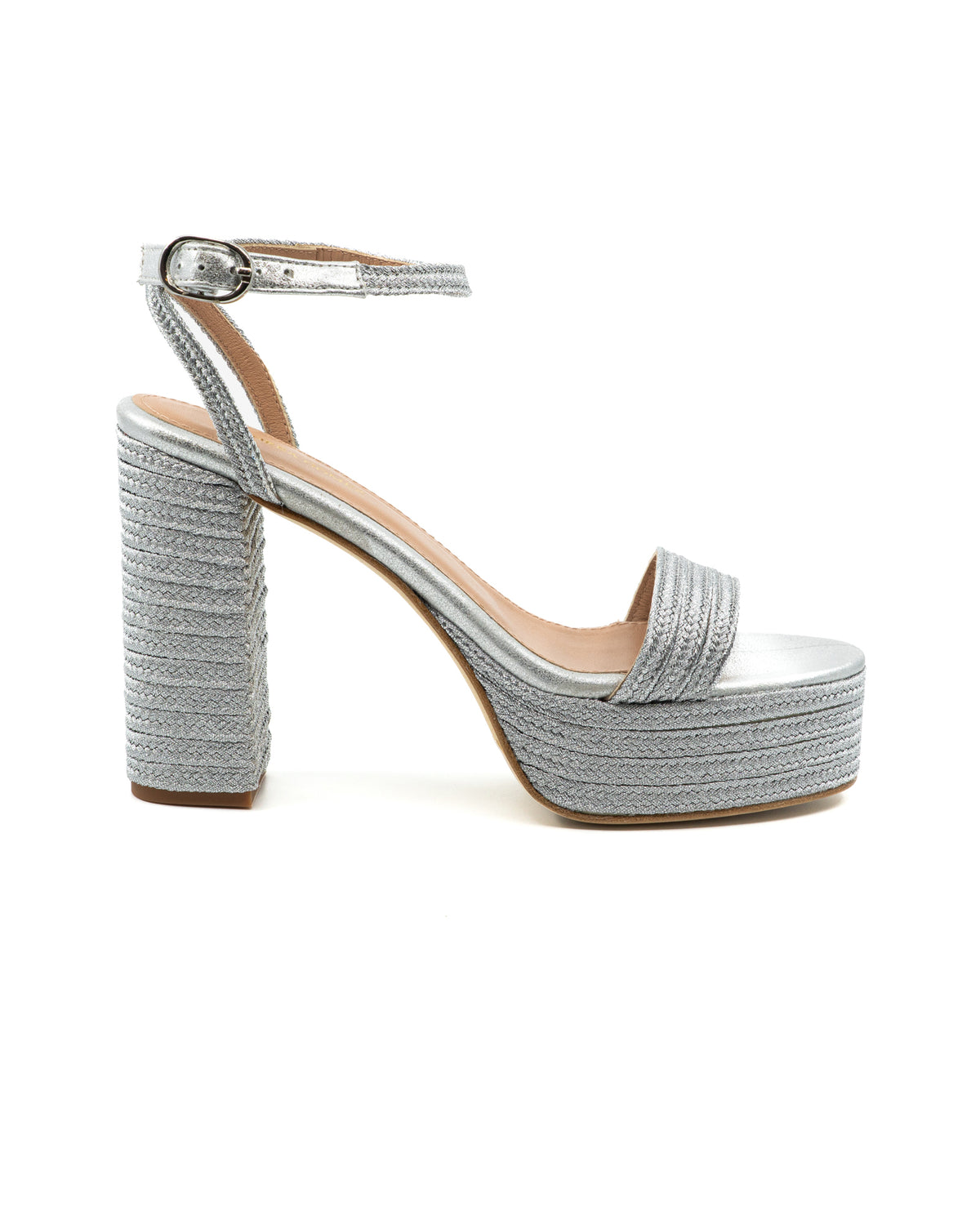 Side view of Becka Raffia platform sandal showcasing silver raffia upper, buckled ankle strap and block heel on white background