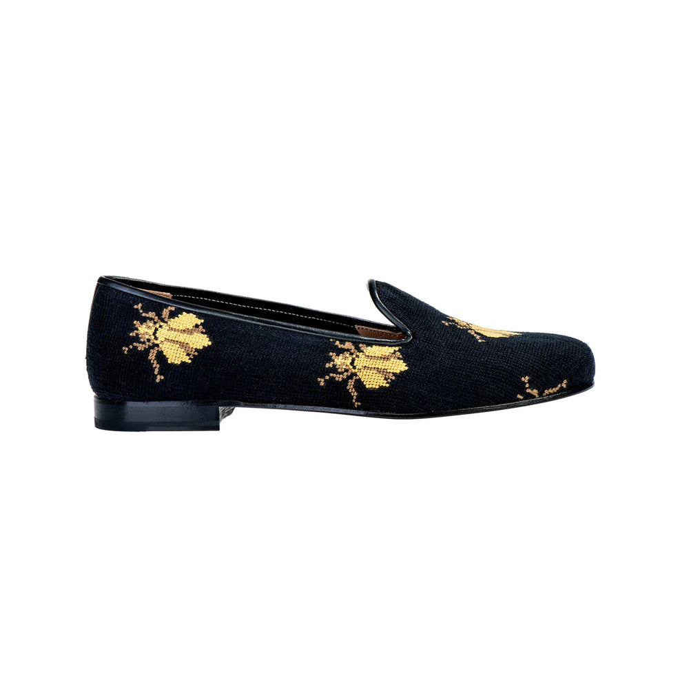 Bee Black Needlepoint Slipper