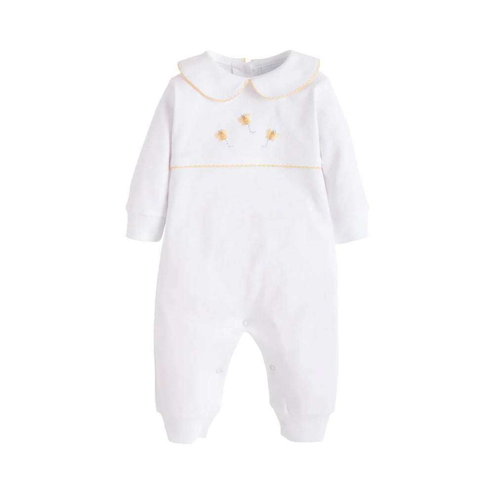 Front view of Bee Crochet Playsuit showcasing Peter Pan collar, yellow picot trim and three bee embroideries on white background
