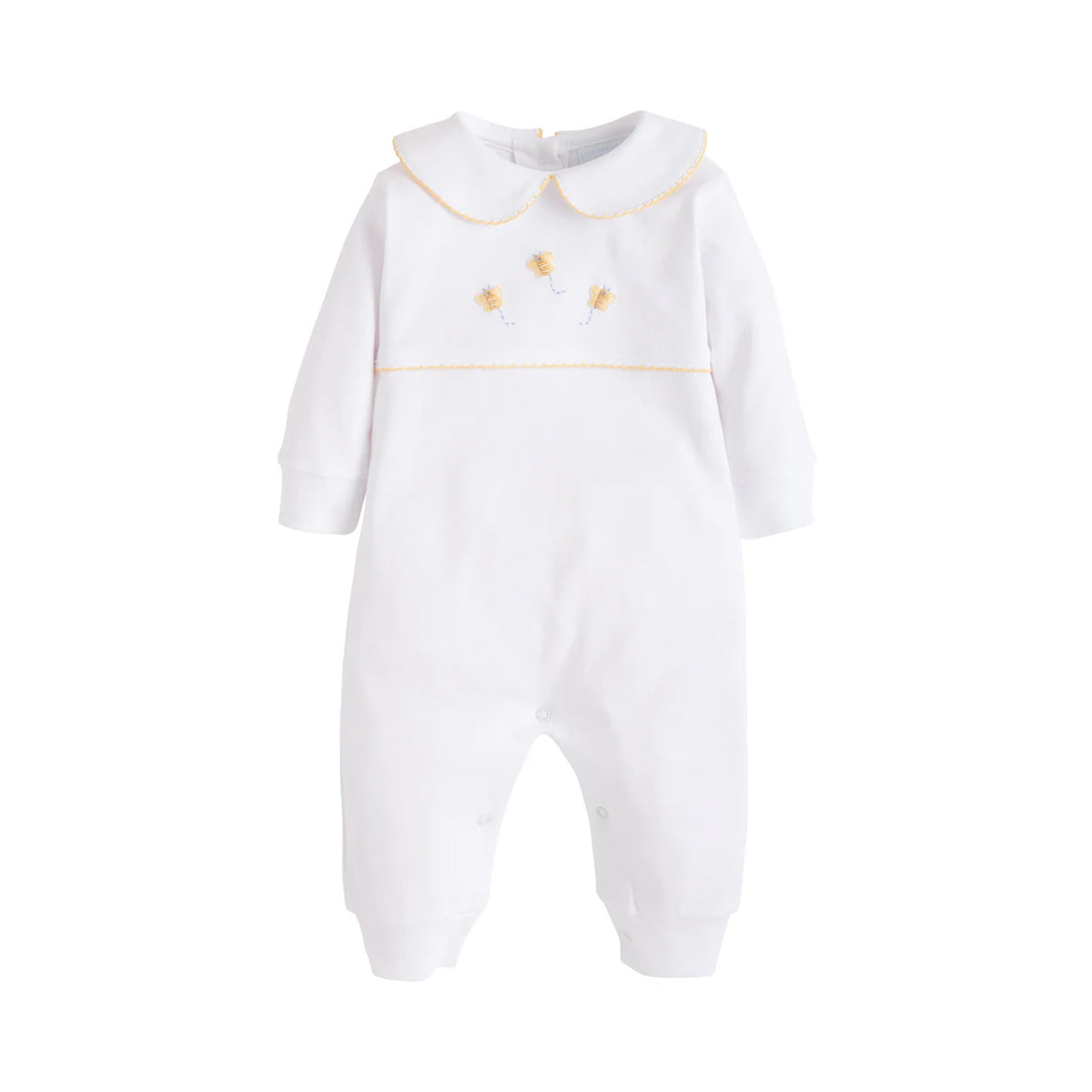 Front view of Bee Crochet Playsuit showcasing Peter Pan collar, yellow picot trim and three bee embroideries on white background