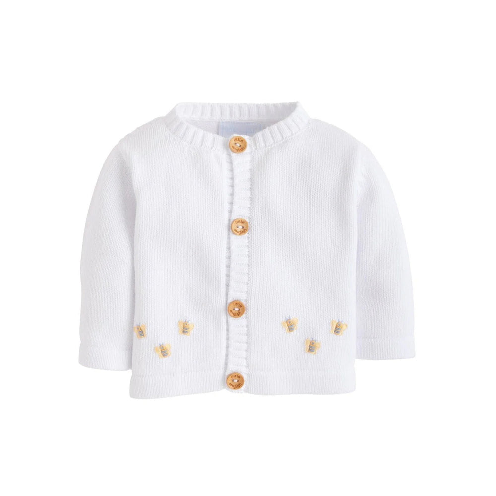 Front view of Bee Crochet Sweater showcasing hand-crocheted yellow bee motifs and wooden buttons on white background