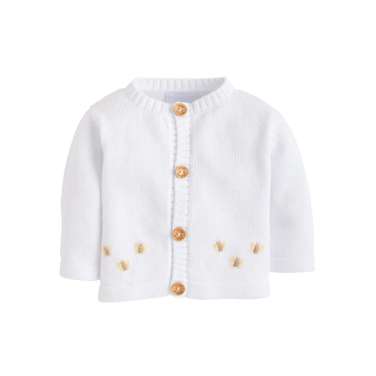 Front view of Bee Crochet Sweater showcasing hand-crocheted yellow bee motifs and wooden buttons on white background