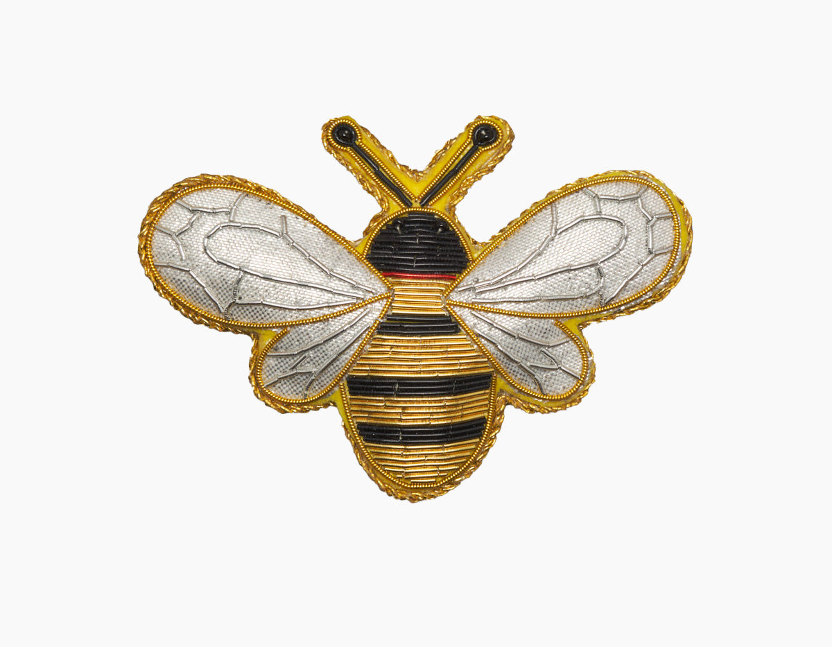 Front view of Bumble Bee Ornament showcasing bead and metallic thread embroidery on velveteen with a white background