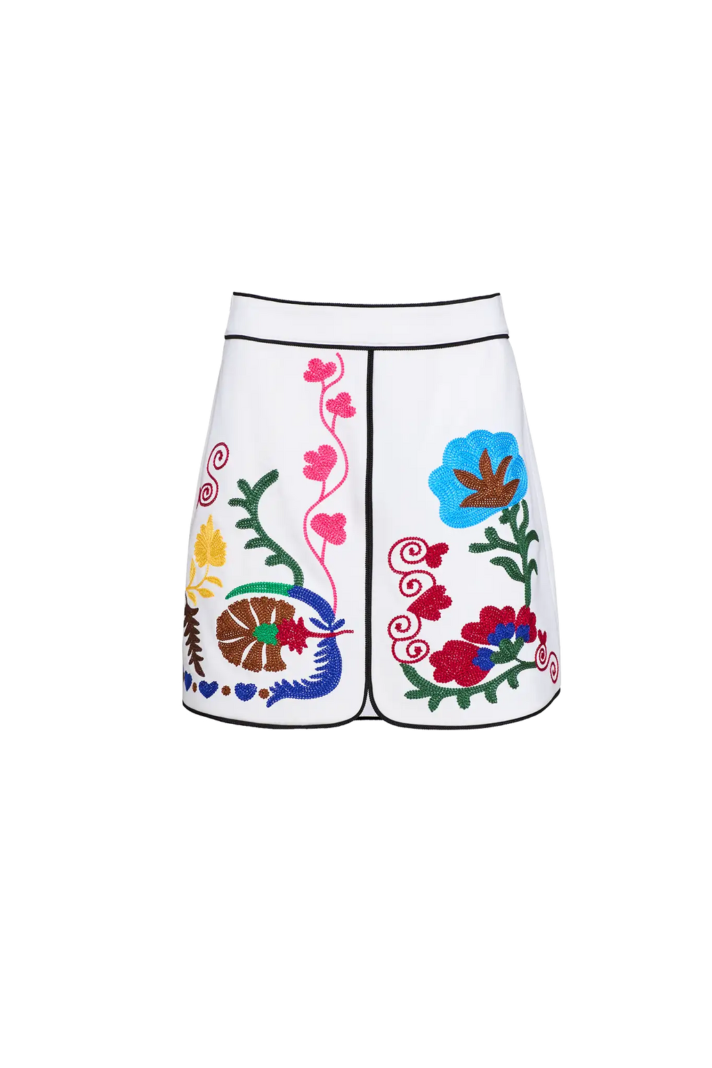 The Dottie Mini Skirt is a white A-line skirt with fitted waist and colorful hem throughout.
