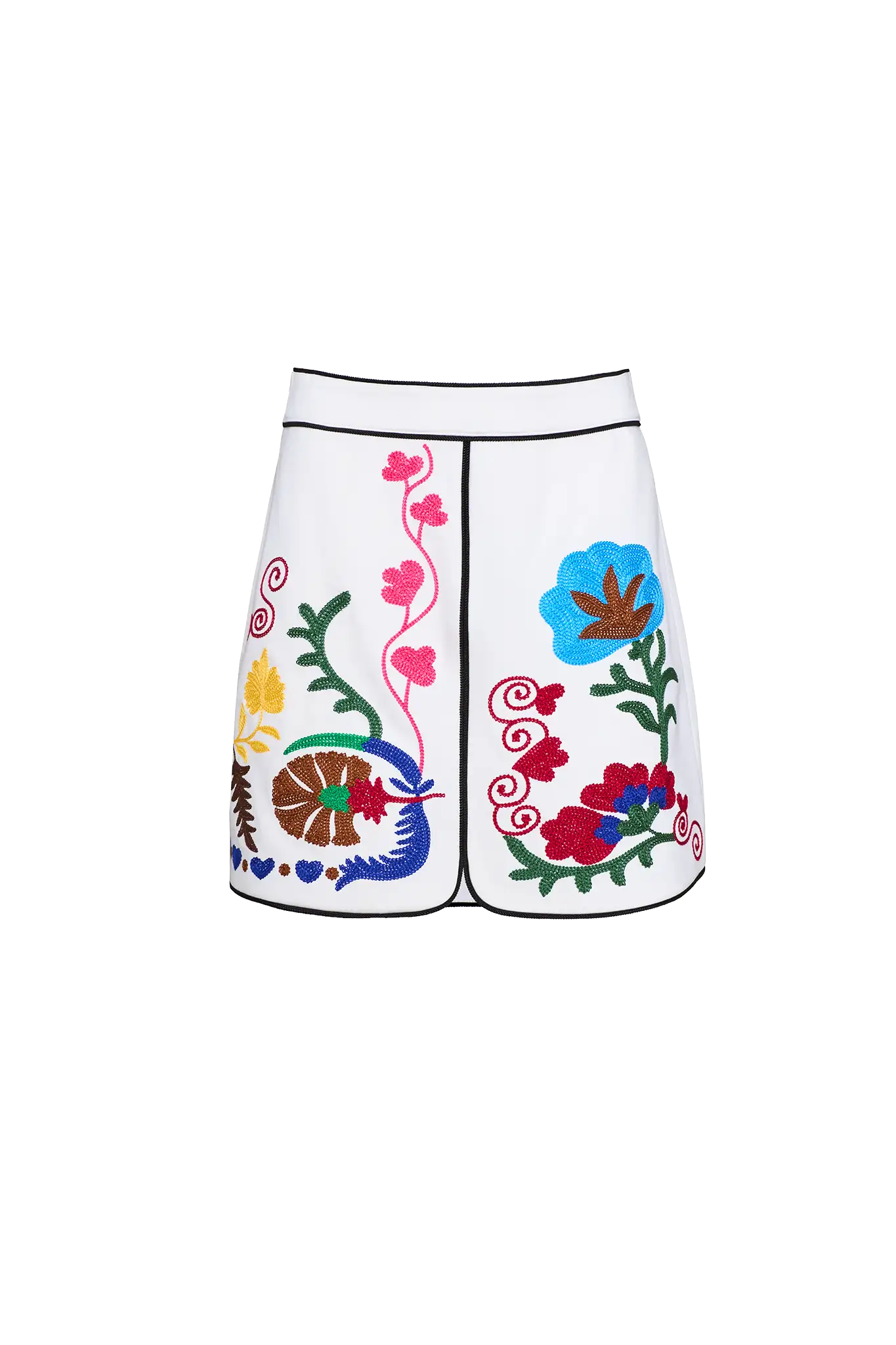 The Dottie Mini Skirt is a white A-line skirt with fitted waist and colorful hem throughout.