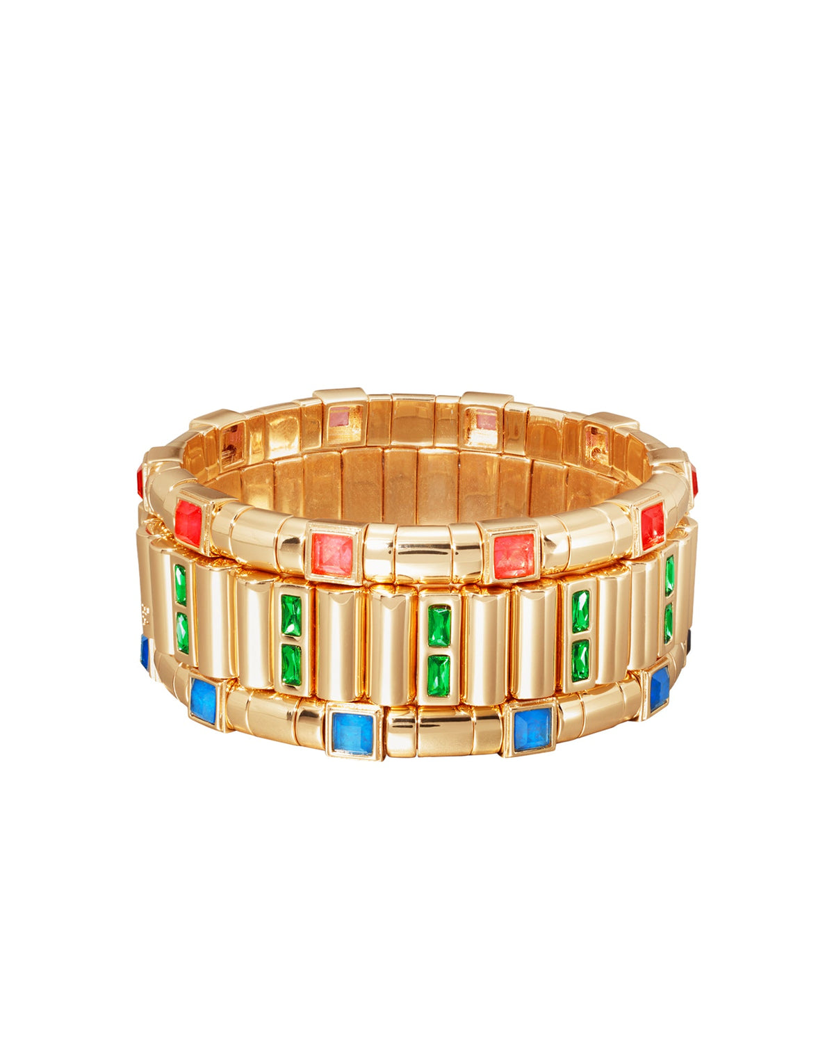 Front view of Bejeweled Bracelets showcasing three rows of colorful glass stones in gold tone enamel beads with a white background