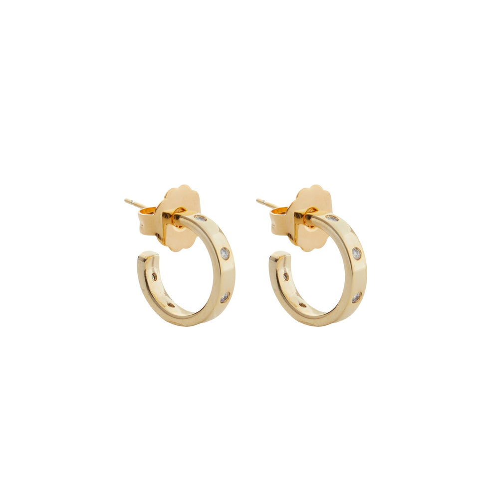 Front view of Bejeweled Hoops showcasing gold-plated finish and crystal accents on white background