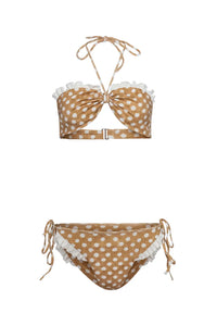 The Belize Bikini Top and Belize Bikini Bottom in Coconut Sand Dot, brown and cream polka dot.