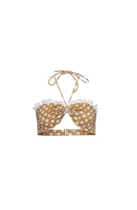 The Belize Bikini Top in Coconut Sand Dot, brown and cream polka dot.
