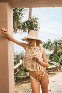 The Belize Bikini Bottom in coconut sand dot paired with cream fringe Astor Top and bucket hat.