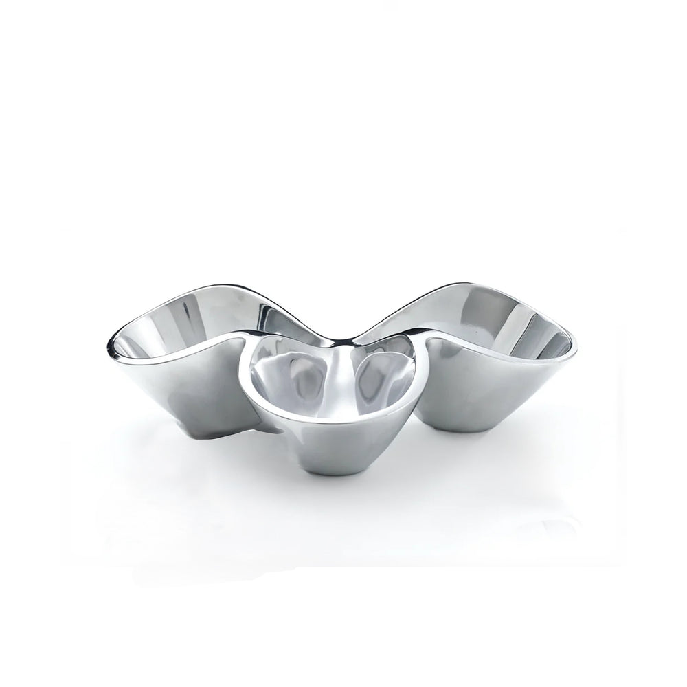 Front view of Bella triple condiment server showcasing three connected polished alloy bowls on white background