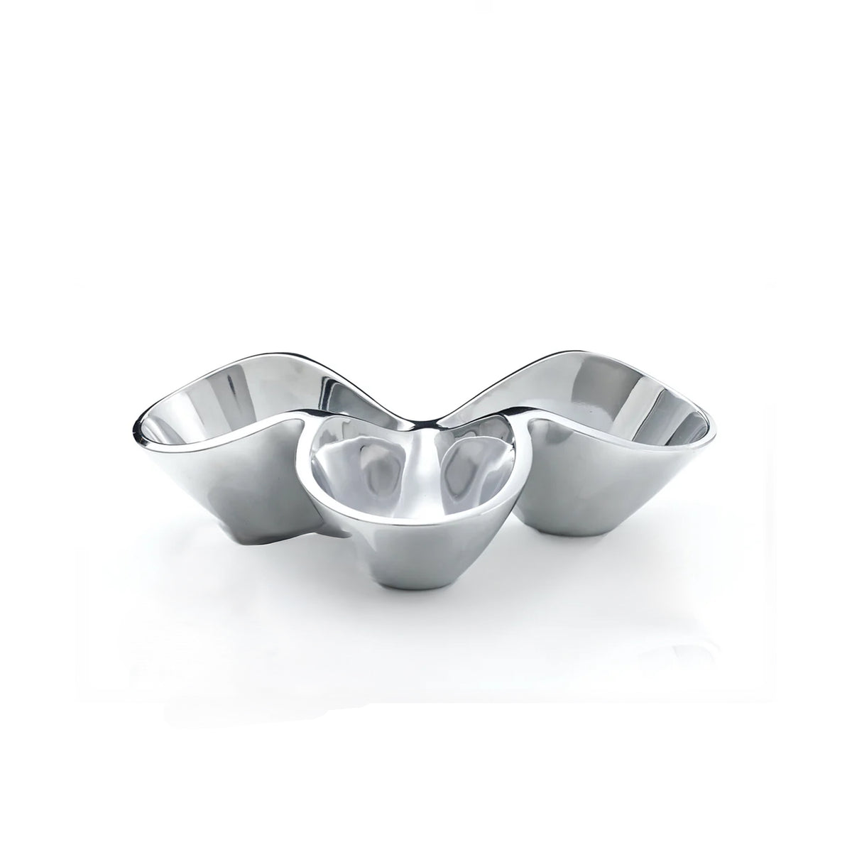 Front view of Bella triple condiment server showcasing three connected polished alloy bowls on white background