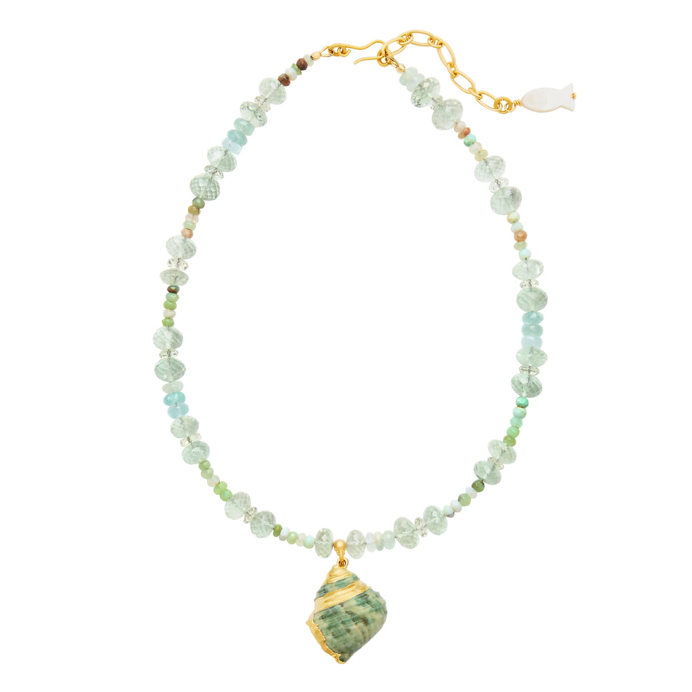 Bellamy Necklace, green opal, amazonite and green amethyst beads with shell pendant and gold-plated clasp
