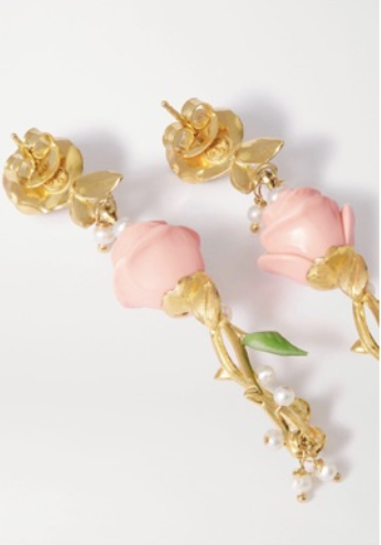 Close-up view of The Bellini Earring in Pink showcasing pink calcedony, tagua, pearls, and gold vermeil on white