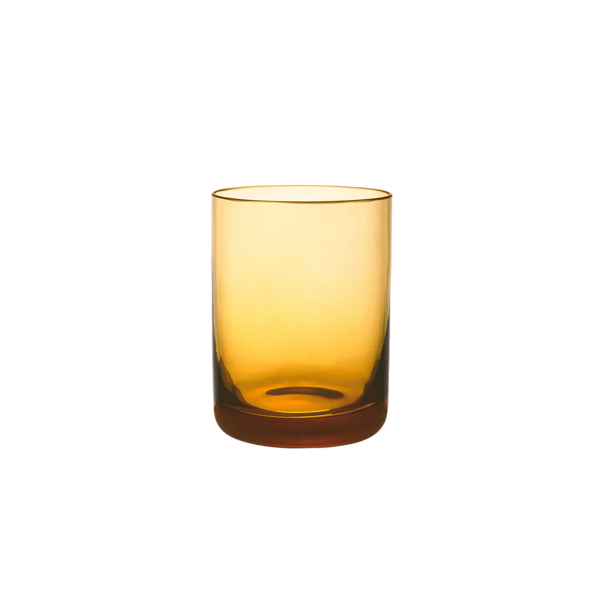 Front view of Bembo Shot Glass, Smooth showcasing its amber jewel tone, straight profile, and heavy base on a white background