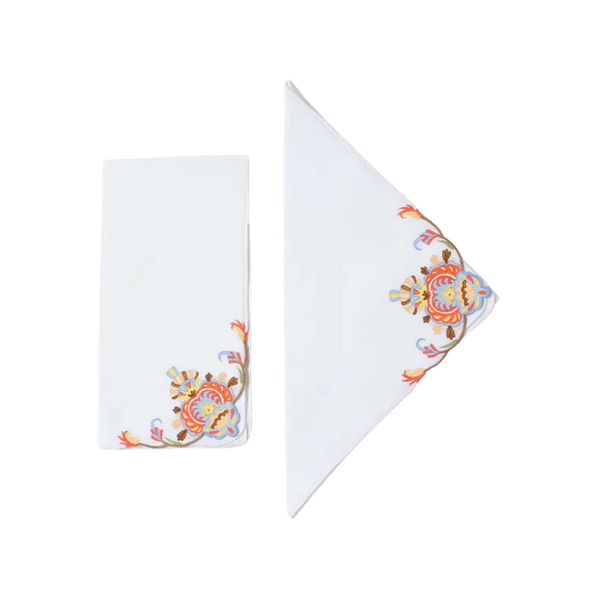 Folded views of Benaki Hand Painted Linen Napkin showcasing Greek folk motifs on white linen