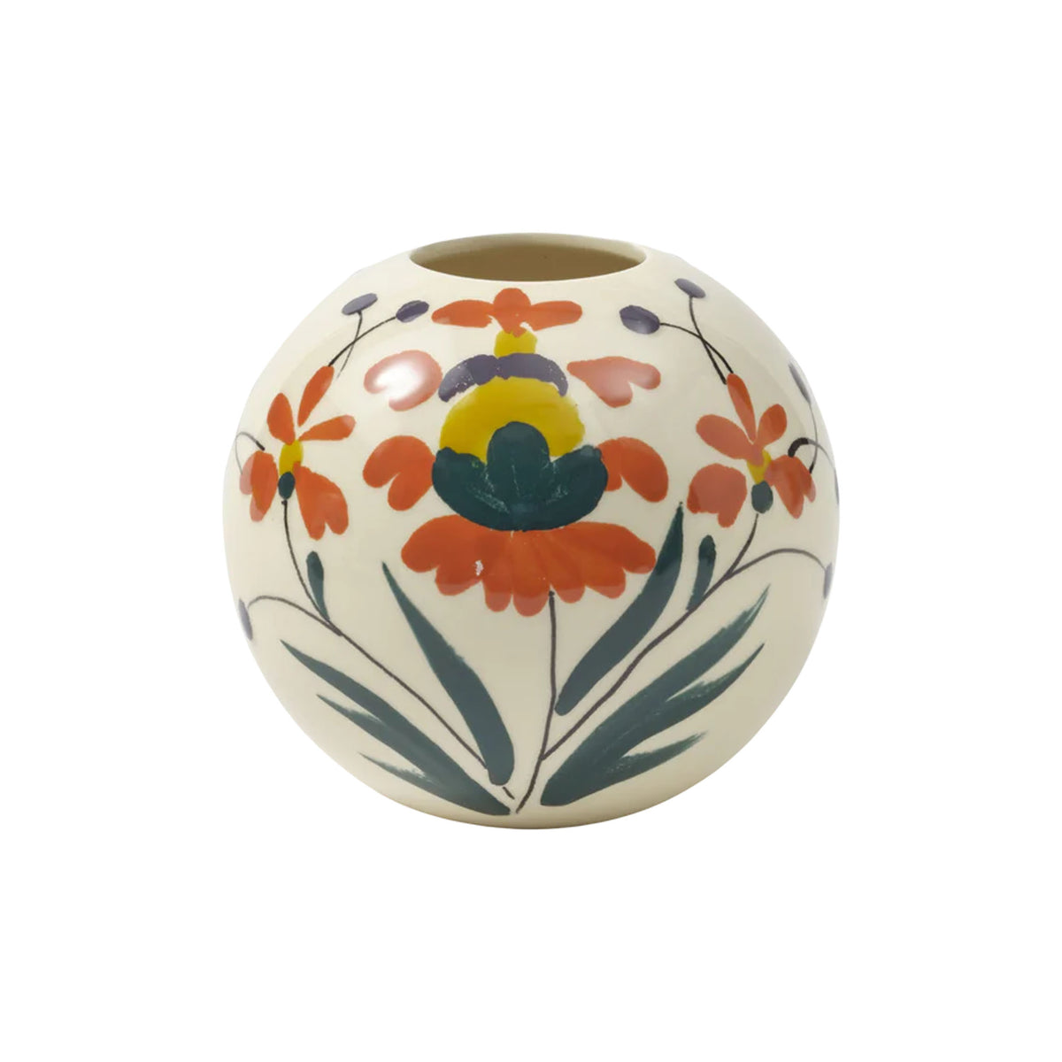 Front view of Benaki Small Vase showcasing hand-painted jubilant floral pattern with white background